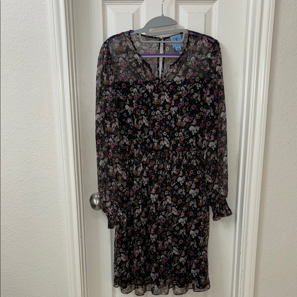 CeCe Black Sheath Dress with Bishop Sleeves and V-Neck